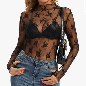 NWOT Sheer Black Lace Top